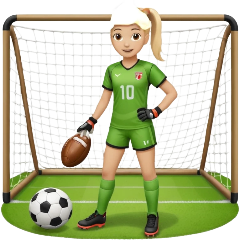 Make a dirty blonde football goalkeeper with goalkeeper gloves on holding a football. The girl is light skinned and wearing a football kit and football shoes. Standing in front of football goal. Wearing a ponytail with the dirty blonde hair. Without a American football ball emoji