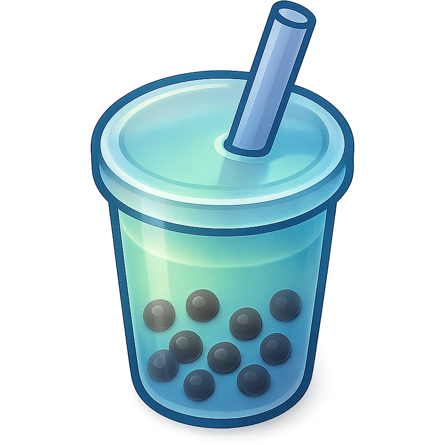 bubble tea cup with a straw, blue and green gradient, clear bold outline, strong shadows and highlights on straw, cup, and pearls, vector style, matte glass look emoji
