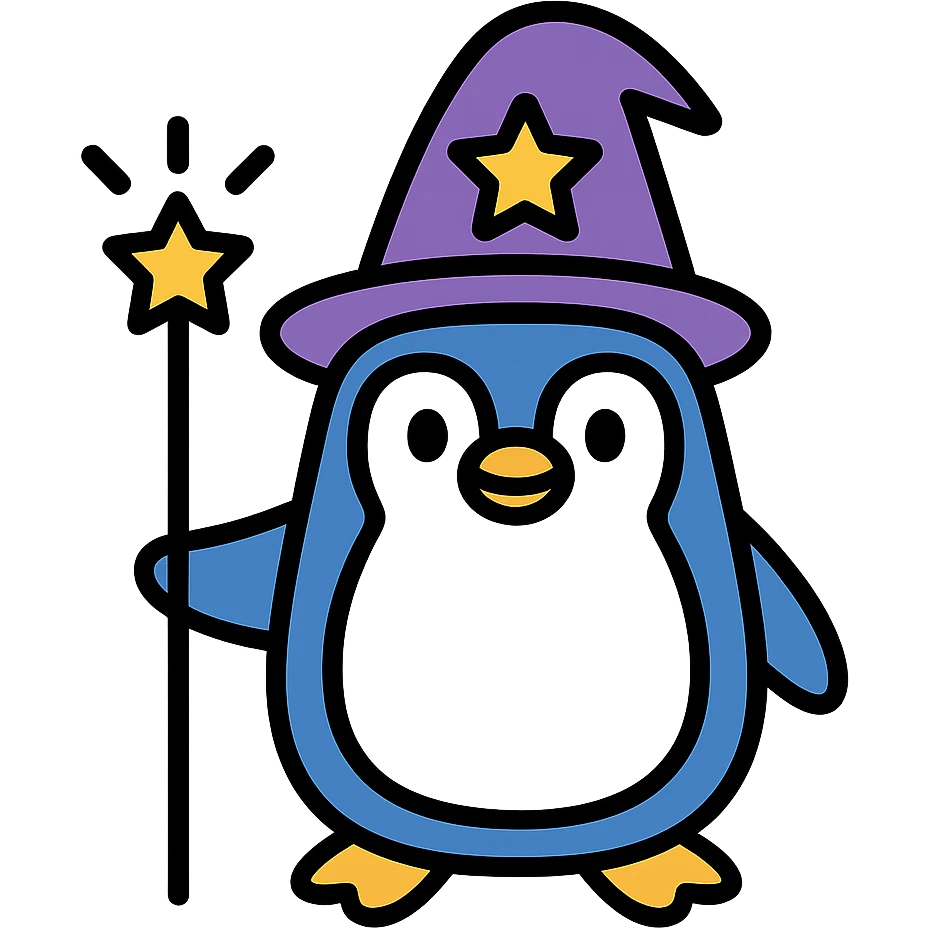 Create a color outline icon style image of a penguin wizard with eyes open, keeping the transparent background as in the original image. emoji