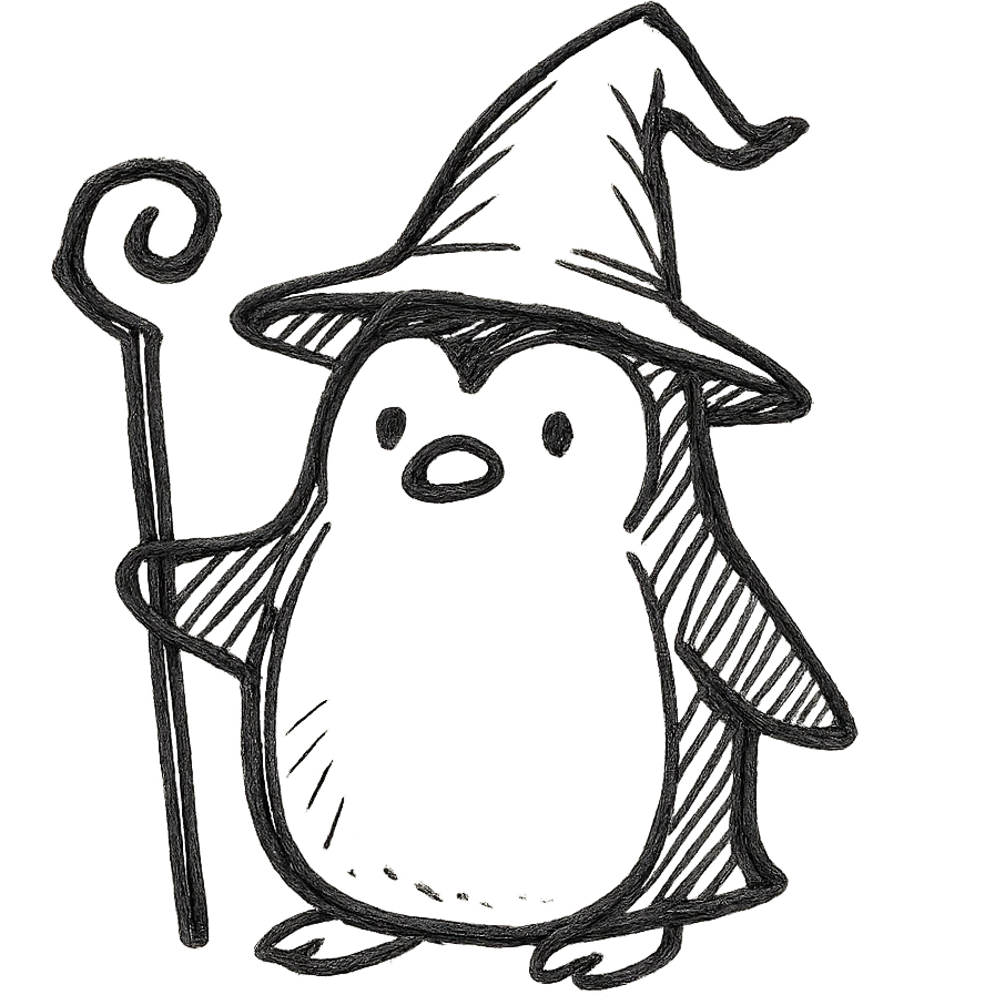 hand-drawn black outline icon of a penguin wizard with a hat and staff emoji