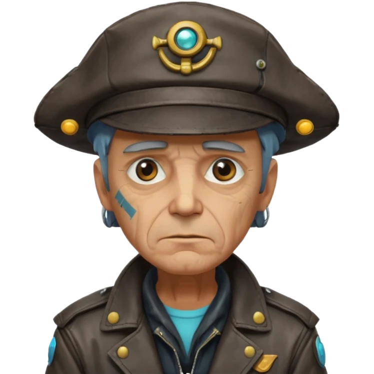 Cyberpunk sea captain with hat man, old, semi-sad expression emoji