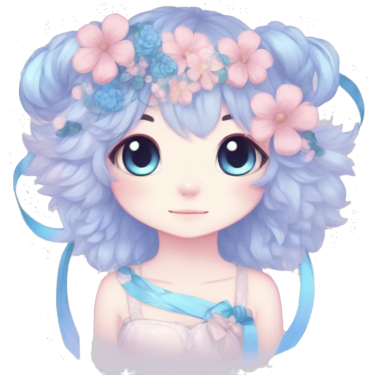 Anthro Cute Cool Blushing Pastel Innocent Shy Kawaii gorgeous sparkly ethereal fantasy anime animal creature with blue eyes furry sona with flowers and ribbons beautiful aesthetic emoji