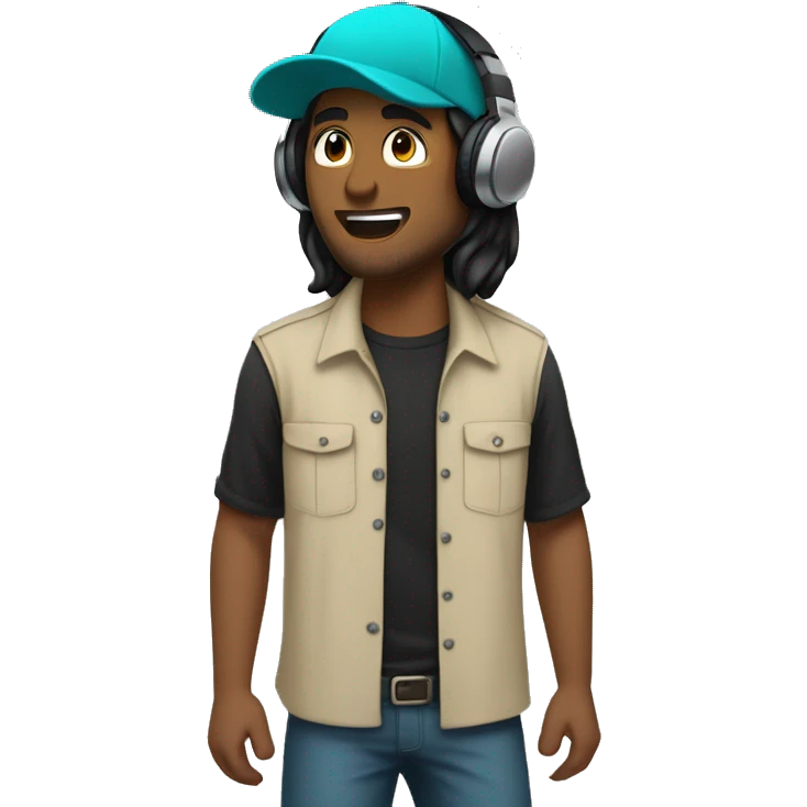 Generate an emoji of a guy wearing a turquoise cap with long black hair, a black unbuttoned shirt, and a solid beige undershirt. He is in headphones.  emoji