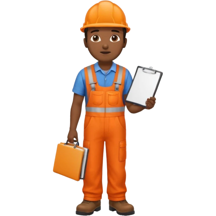 Indian male railway engineer orange overalls, boots holding a clipboard facing away emoji