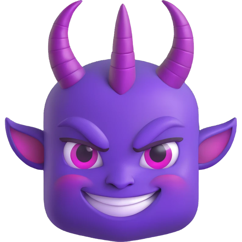 A mischievous purple devil emoji with a sly, confident smile and raised eyebrows, glowing purple horns, smooth gradient shading, minimalistic and glossy 3D cartoon style emoji