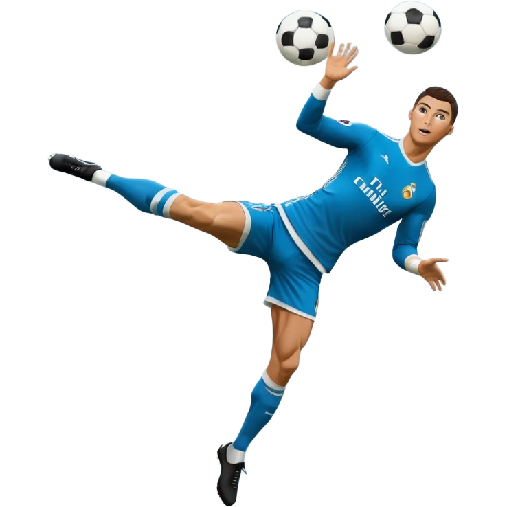 Ronaldo doing a bicycle kick with football in mid air While wearing a Retro blue Real madrid kit  emoji