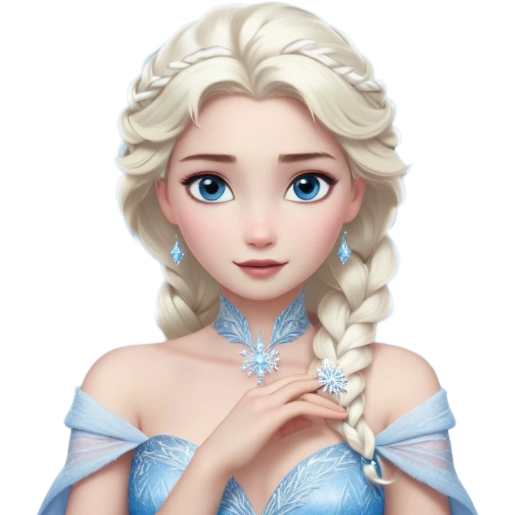 Cinematic Realistic Elsa Portrait, depicted with lifelike skin texture, soft natural lighting, and intricately detailed platinum blonde hair styled elegantly. Her striking, expressive blue eyes exude confidence and grace, complemented by a serene and regal expression. She holds a shimmering snowflake delicately in one hand, her other hand resting against her gown, embodying the power and beauty of winter. She is dressed in her signature icy attire, with shimmering fabric textures and delicate folds that catch the light beautifully. The portrait features a soft, enchanting glow with a cool, radiant finish, capturing the essence of timeless elegance in a realistic and painterly style. emoji