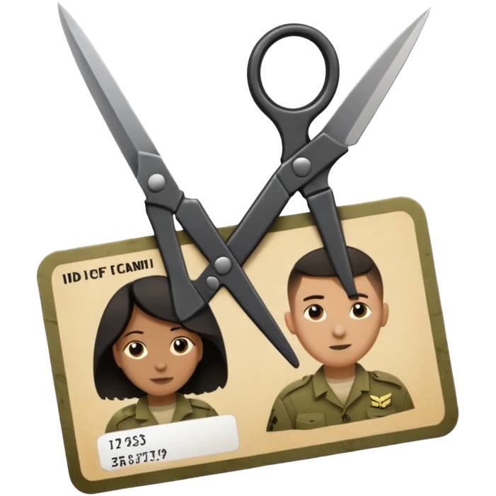 Floating black Scissors cutting in half an idf soldier ID card with a little chip in 2 parts emoji