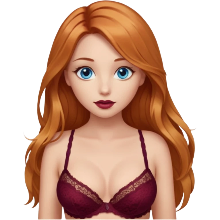 A beautiful blue-eyed girl with long copper-blond hair, full lips, large eyes, and a burgundy lace bra through which her nipples are visible emoji
