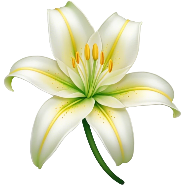 Cinematic Realistic Lily Emoji, Elegant and fragrant, with soft, white petals curling delicately around a golden-yellow stamen at its center. The long, slender green stem stands tall, supporting the vibrant bloom with its slightly curled tips. Soft glowing outline, capturing the essence of purity, elegance, and grace in a striking lily. emoji
