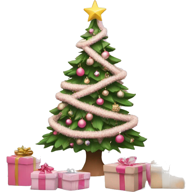 A decorated Christmas tree with snow on and pink and beige presents infront  emoji
