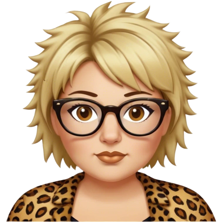  plus size white women dressed in leopard with short medium brown and blonde shaggy spiked hair wearing glasses with hazel color eyes and wide flat nose emoji