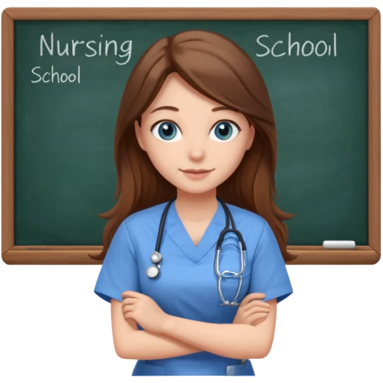university classroom that says nursing school on the blackboard with a pretty female nursing student with long brown hair, blue eyes emoji