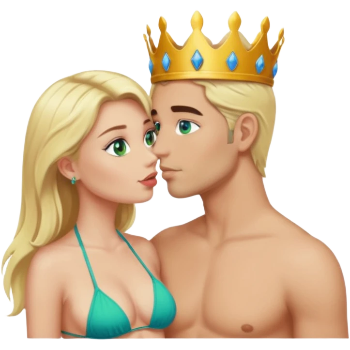 Blonde Queen Green eyes with crown in Bikini kissing Male subject without crown dark Hair blue eyes emoji