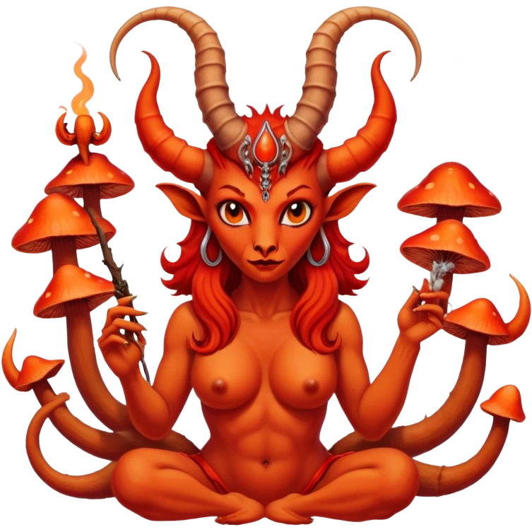 Feminine red Scorpio Baphomet standing among trippy red and orange mushrooms.. she’s smoking  and holding a scorpion  emoji
