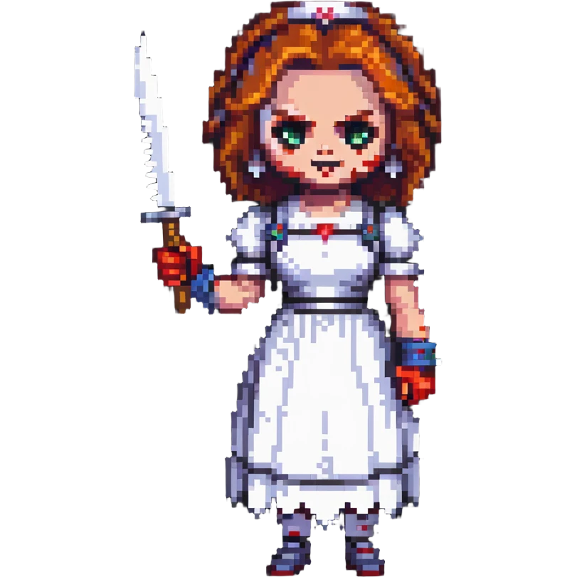 Chucky's bride with a mischievous expression holding a knife in pixel art style emoji