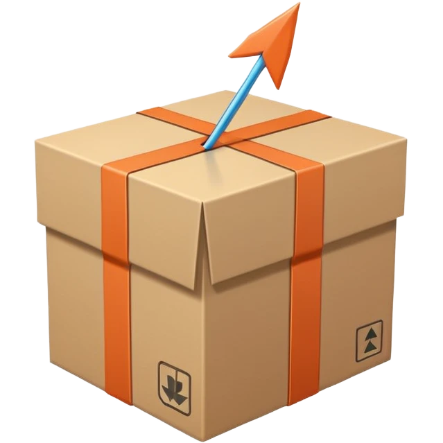 Minimal line-art icon of a shipping box with an arrow going up or a price tag, simple modern style, clean outlines, slightly 3D, no background, transparent, represents “reselling / e-commerce / flipping items” emoji