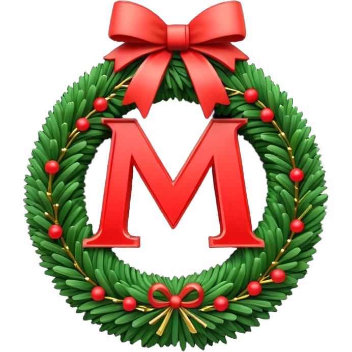 3D emoii of the iconic Moscow Metro "M" logo, reimagined as a Christmas wreath. Made of green pine needles, decorated with small red ornaments and glowing golden LED emoji