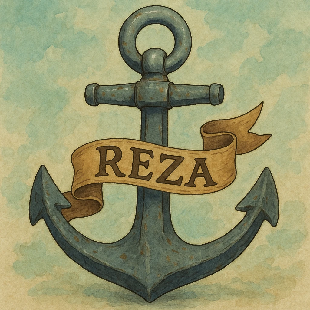ghibli style ship anchor with 'Reza' design emoji