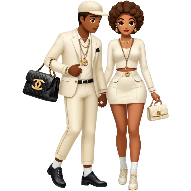 Man living his dream with a pretty Brownskin big booty woman wearing a Chanel outfit and Chanel bag. The man has on an Off-White outfit down to the shoes and socks emoji