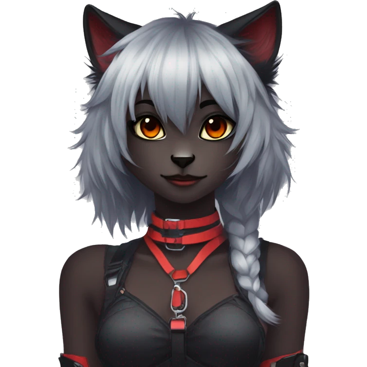 Anthro Edgy Cool Beautiful Black Cat-Fursona with Emo Hair-bangs with Red Streaks Chest Harness emoji