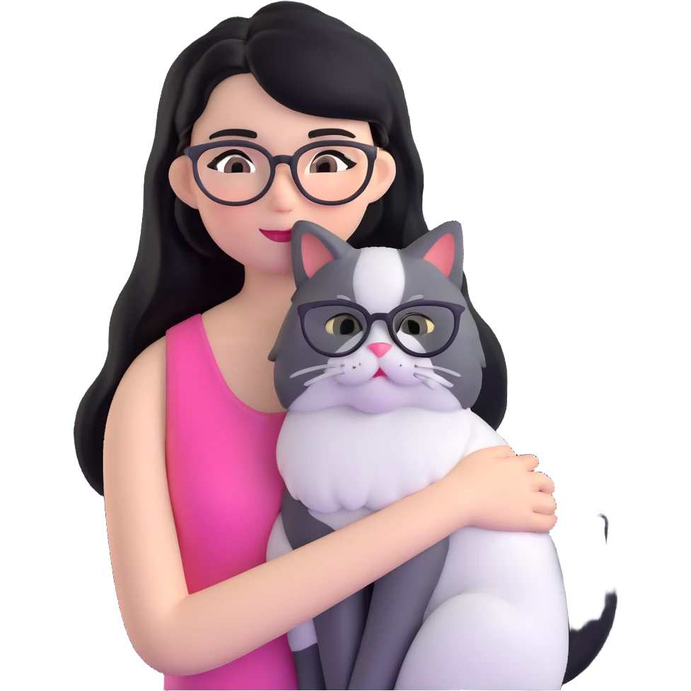 Skinny woman with oval glasses, long straight black hair, pink cheek blush, wearing white sleeveless top, hugging a grey Persian-Angora cat, plain background emoji
