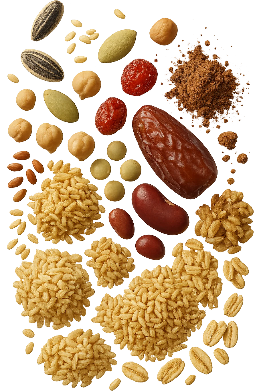 semi, frutta secca, legumi, cereali integrali, cacao amaro fluttuano in aria , iperrealistici 4k emoji