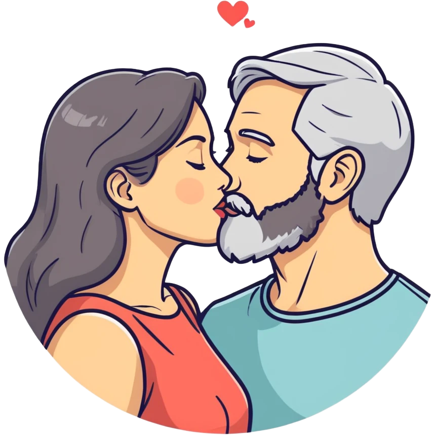 Grey haired bearded man and pretty brunette woman kissing  emoji