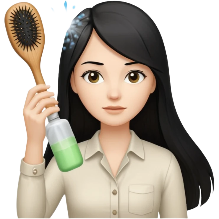 A white woman with long, straight black hair, wearing an ivory-colored shirt, holding a small square wooden paddle hairbrush in her left hand and spraying a hair mist bottle with her right hand toward her hair. emoji