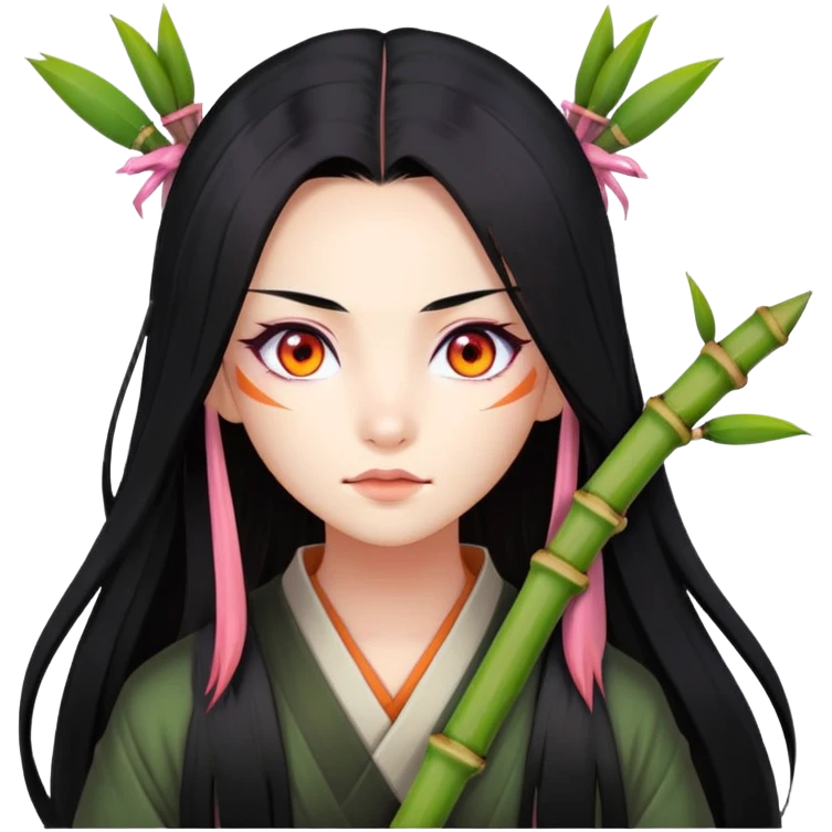 Nezuko with long black hair with orange tips, pink eyes, bamboo muzzle in mouth emoji