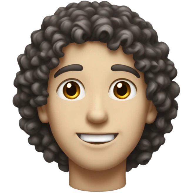 A tall boy with pale skin and dark curly hair, dark beautiful eyes, big nose and small red lips, smiling and standing still. emoji