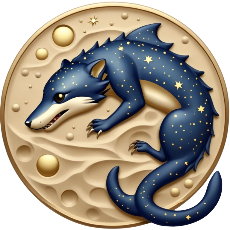 A nocturnal predator with a body resembling polished bronze plates that absorb moonlight, featuring constellation patterns that rearrange themselves to hypnotize prey before it strikes from beneath the sand. emoji