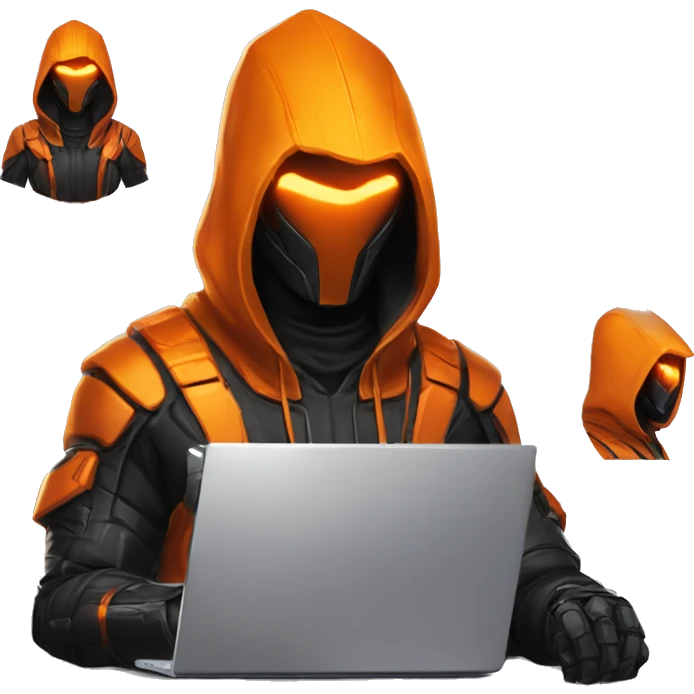  developer behind his laptop with this style : crysis Cyberpunk Valorant orange glowing bright orange character orange black hooded assassin themed character emoji
