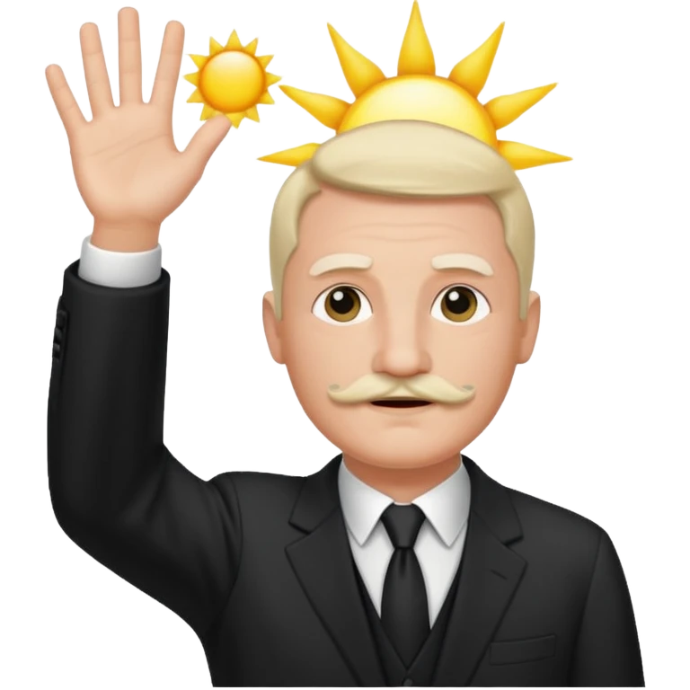 Adolf h , wearing suit and mustache short like charlie chaplin. Raising his hand to sun emoji