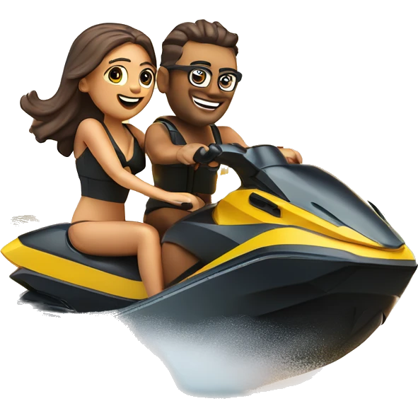 Um casal em cima de um jetski, numa praia, por do sol  emoji