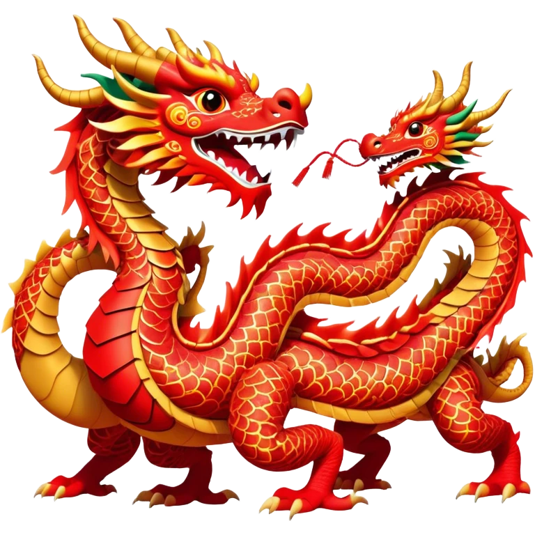 Cinematic Realistic scene of two performers guiding an elaborately designed dragon costume during a Dragon Dance, with vivid traditional patterns and dynamic motion, set under festive, red-tinged lighting emoji