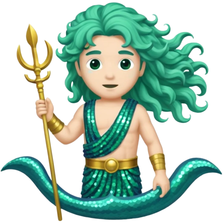 Neptune from Roman Deities with long sea green wavy hair, sea green sequin toga emoji