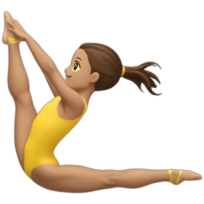 a gymnast with brown hair and brown eyes in a yellow leotard doing a split emoji