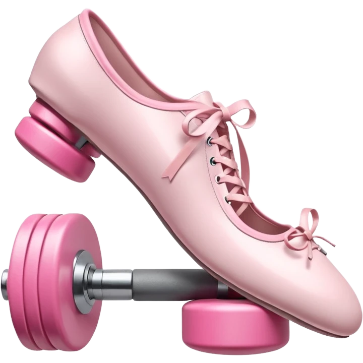 A high-quality 3D icon of pink ballet shoes next to a grey dumbbell. Soft studio lighting, cute and glossy texture. emoji