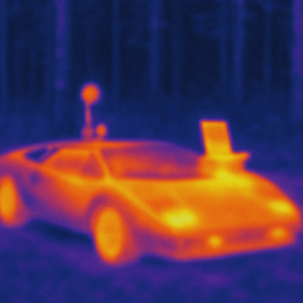 Lamborghini Countach with everything needed for sound recording and a laptop on the hood in a forest background emoji