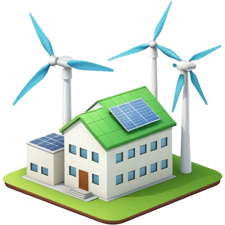 green-roofed factory with wind turbine, clean and colorful emoji