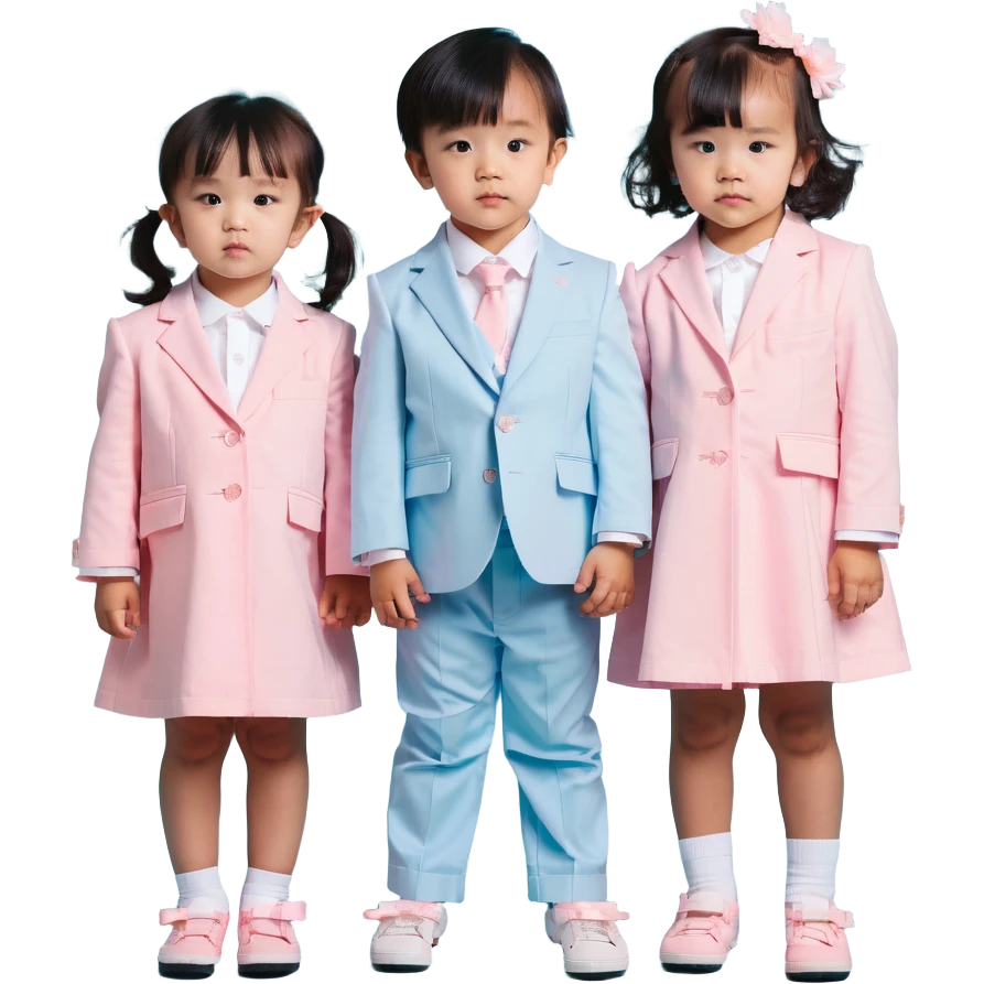triplet toddlers with two girls in pastel pink clothes on each side and a boy in pastel blue suit in the middle emoji