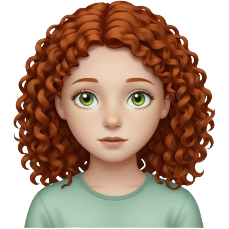 pale teen girl with light green eyes and freckles that has curly auburn hair in a middle part emoji