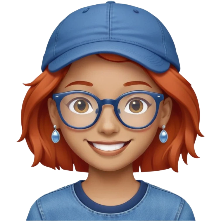 Young person with red hair, glasses, earrings and a wonderful smile, wearing blue clothes, jeans and a cap emoji