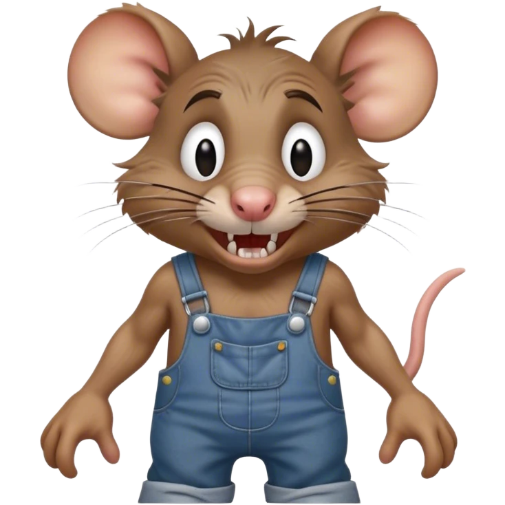  disheveled dizzy cartoon hillbilly rat wearing overalls no shirt. standing and talking full body. human eyes. teeth showing talking. walking talking moving arms. angry expression emoji