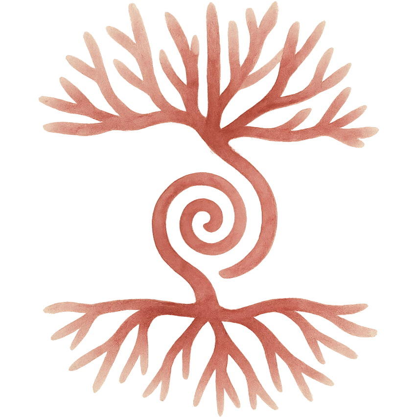 Stylized tree of life with a swirl in the center as in the reference. Use red and burgundy shades with smooth lines and a light watercolor blur effect. Minimalist style without additional symbols around. Transparent background. emoji