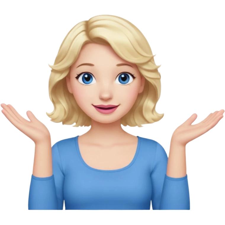 Girl Blonde short wavy hair,  blue eyes, cute blue top, long lashes, pink lips, smiling, shrugging hands raised emoji