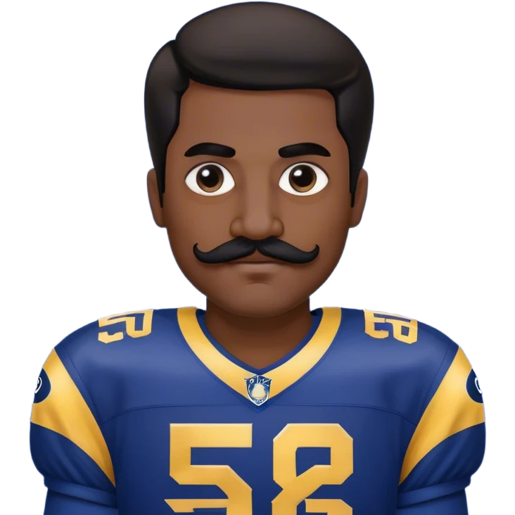 Chill guy in LA Rams jersey  with nu.ber 52. Black hair black mustache.  emoji