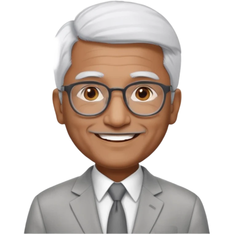 60 yr old indian man, short straight white hair brushed foreward , light grey business suit, big smile, dark brown skin, no moustache, dark brown eyes, glasses
 emoji