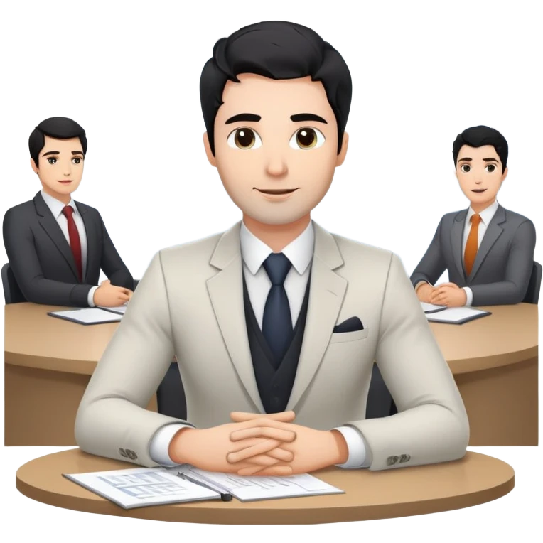 Professional 35-year-old business consultant with black wavy hair, stubble, strong jawline, white skin tone, wearing smart casual business attire, sitting at a table with clients, gesturing confidently while explaining a business strategy emoji